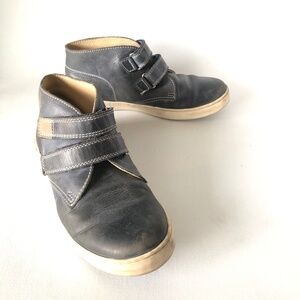 High top blue leather sneakers with velcro closure